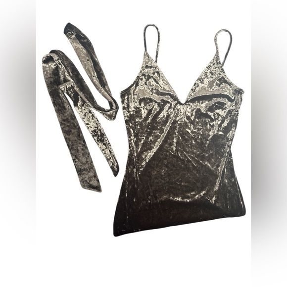 Gold Crushed Velvet Maxi Dress Spaghetti Straps Evening Slit Sexy Party Shiny M - Picture 2 of 7